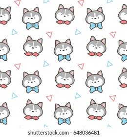 Seamless Pattern of Hand Drawn Cartoon Siberian Husky Puppy on White Background
