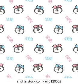Seamless Pattern of Hand Drawn Cartoon Penguin on White Background
