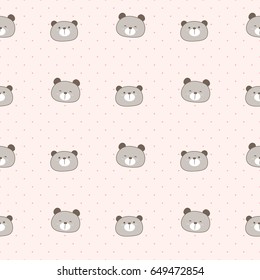 Seamless Pattern of Hand Drawn Cartoon Bear on Pastel Background with Dots