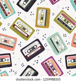 Seamless pattern with hand drawn cassette tapes. Old school tiling background with colorful cartoon mixtapes. 80s - 90s vector illustration.