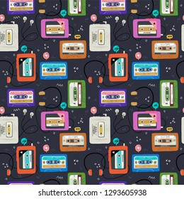 Seamless pattern with hand drawn cassette tapes and players. Retro wave tiling background with colorful flat style mix tapes. 80's 90's nostalgic vector background, wallpaper, textile, wrapping paper.