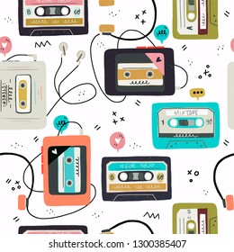 Seamless pattern with hand drawn cassette tapes and players. Retro wave tiling background with colorful flat style mix tapes. 80's 90's nostalgic vector background, wallpaper, textile, wrapping paper.