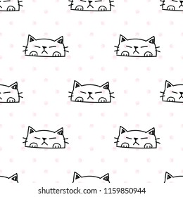 Seamless Pattern of Hand Drawn Cat Face Design on White Background with Pink Paws