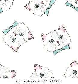 Seamless Pattern of Hand Drawn Cat Face Design on White Background