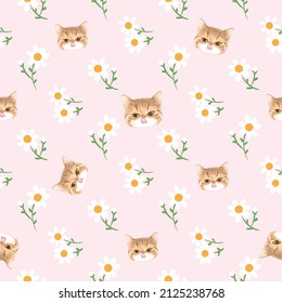 Seamless Pattern with Hand Drawn Cat Face and Flower Design on Light Pink Background