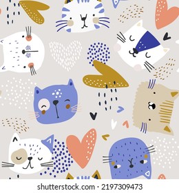 Seamless pattern with hand drawn cat faces and hearts. Creative cats texture. Vector illustration