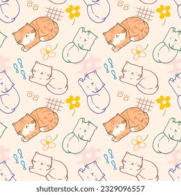 Seamless Pattern with Hand Drawn Cat Design on Light Yellow Background