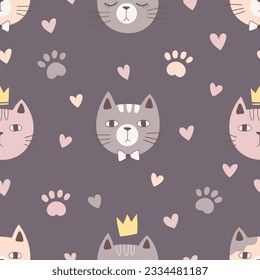seamless pattern with hand drawn cat muzzles and paw prints on a gray background