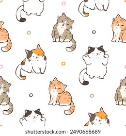 Seamless Pattern with Hand Drawn Cat Character Design on White Background
