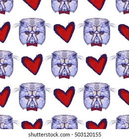 Seamless pattern with hand drawn cat heads and red hearts, vector illustration