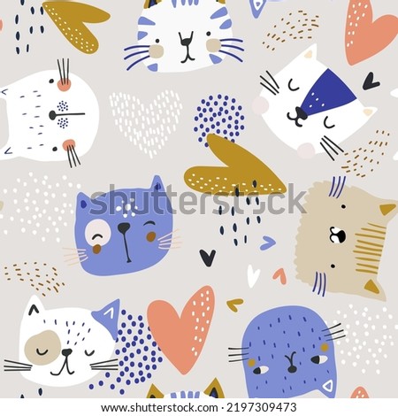 Seamless pattern with hand drawn cat faces and hearts. Creative cats texture. Vector illustration