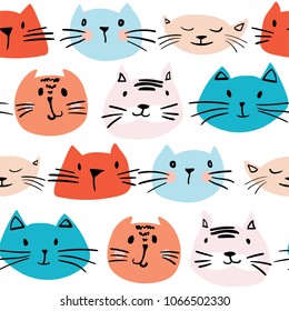Seamless pattern with hand drawn cats heads. Creative childish background. Perfect for kids apparel fabric textile nursery decoration wrapping paper Vector Illustration