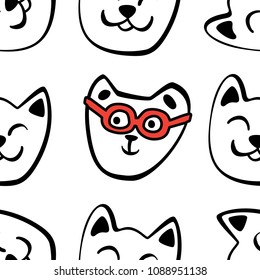 Seamless Pattern with Hand Drawn Cats. Funny Cat Emoticons Background. Sketched Vector Illustration