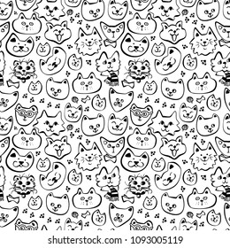 Seamless Pattern with Hand Drawn Cats. Funny Cat Emoticons Background. Sketched Vector Illustration