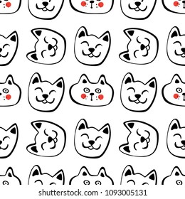 Seamless Pattern with Hand Drawn Cats. Funny Cat Emoticons Background. Sketched Vector Illustration