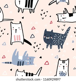 Seamless pattern with hand drawn cats and geometric shapes. Creative childish texture. Great for fabric, textile Vector Illustration