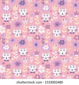 Seamless pattern with hand drawn cats and flowers. Seamless pattern with cute kittens and flowers in pastel colors. Creative childish texture vector