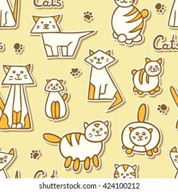 Seamless pattern with hand drawn cats on beige background. Vector illustration.