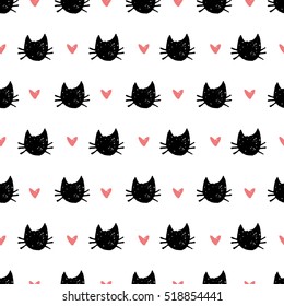 seamless pattern with hand drawn cats and hearts