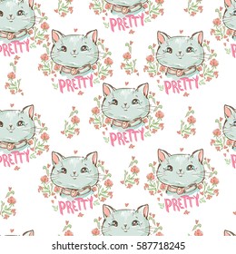 Seamless pattern with hand drawn cats and flowers.