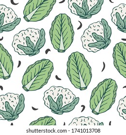 Patrón sin foco con coliflor dibujada a mano y col china sobre un fondo blanco. Doodle, simple ilustración de contorno. Se puede utilizar para la decoración de textiles, papel y otras superficies.