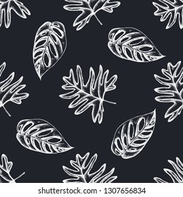 Seamless pattern with hand drawn chalk philodendron
