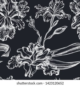 Seamless pattern with hand drawn chalk iris japonica