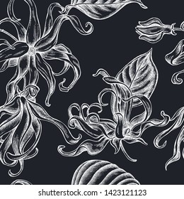 Seamless pattern with hand drawn chalk ylang-ylang