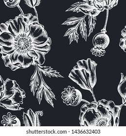 Seamless pattern with hand drawn chalk poppy flower
