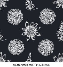 Seamless pattern with hand drawn chalk dandelion, ginger, passion flower