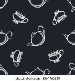 Seamless pattern with hand drawn chalk teapots, cups