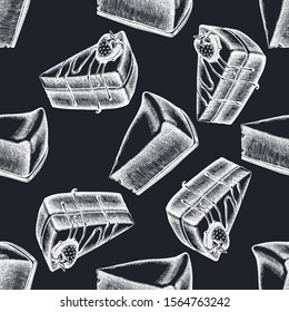 Seamless pattern with hand drawn chalk cheesecake, cake
