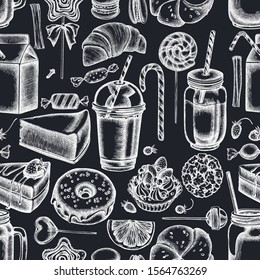 Seamless pattern with hand drawn chalk cinnamon, macaron, lollipop, bar, candies, oranges, buns and bread, croissants and bread, strawberry, milk boxes, smoothie cup, lollipop, smothie jars
