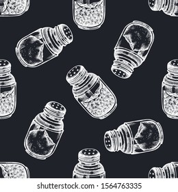 Seamless pattern with hand drawn chalk pepper shaker, salt shaker