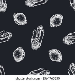 Seamless pattern with hand drawn chalk eclair, truffle