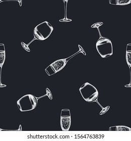 Seamless pattern with hand drawn chalk glass of champagne, glass of wine