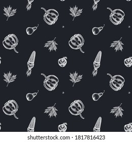 Seamless pattern with hand drawn chalk pumpkin, pears, corn, apples, rowan, maple