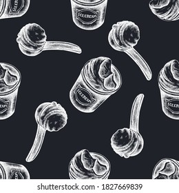 Seamless pattern with hand drawn chalk ice cream bucket, ice cream scoop
