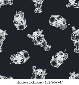 Seamless pattern with hand drawn chalk ice cream bowls