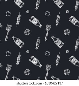 Seamless pattern with hand drawn chalk spatula, kebab, sauce bottles, grilled burger patties, grilled tomato, grilled bell pepper