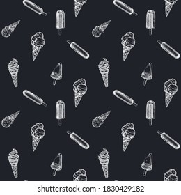 Seamless pattern with hand drawn chalk popsicle ice cream, ice cream cones