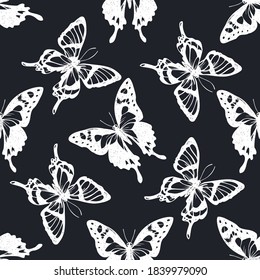 Seamless pattern with hand drawn chalk purple spotted swallowtail, octauius swordtail