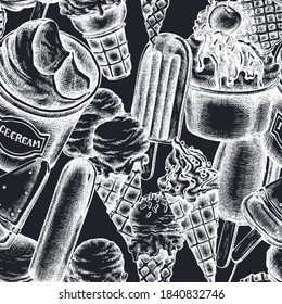 Seamless pattern with hand drawn chalk ice cream bowls, ice cream bucket, popsicle ice cream