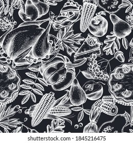 Seamless pattern with hand drawn chalk pumpkin, fork, knife, pears, turkey, pumpkin pie, apple pie, corn, apples, rowan, maple, oak
