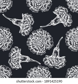Seamless pattern with hand drawn chalk carnation