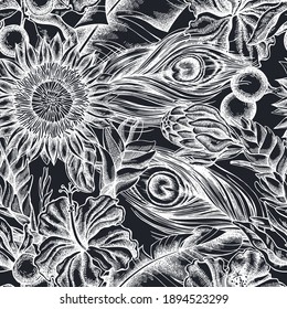 Seamless pattern with hand drawn chalk banana palm leaves, hibiscus, solanum, bromeliad, peacock feathers, protea