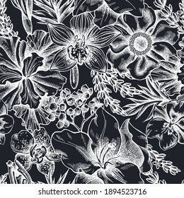 Seamless pattern with hand drawn chalk anemone, lavender, rosemary everlasting, phalaenopsis, lily, iris