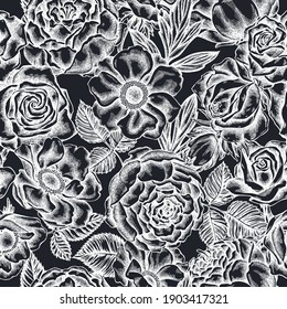 Seamless pattern with hand drawn chalk roses, anemone, peony