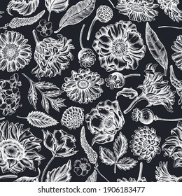 Seamless pattern with hand drawn chalk poppy flower, gerbera, sunflower, milkweed, dahlia, veronica
