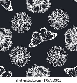 Seamless pattern with hand drawn chalk poppy flower, calendula, plain tiger
